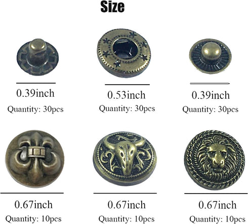 WETUFIN - 30 Sets Leather Snap Buttons Set 17MM (0.67inch) Bronze Snaps for Leather Snaps (Bull & Lion & Anchor Style) and Fastener Kit Tool Decor...