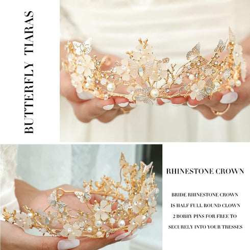 Haomye Gold Wedding Crowns Butterfly Crowns Flower Crown and Tiaras Hair Jewelry Bridal Hair Accessories for Women and Girls...