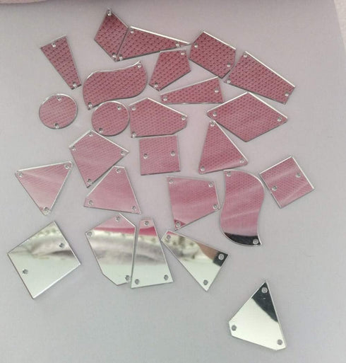 50PCS Silver Sew on Mirror Rhinestones Sew On Mirror Pieces with Holes Flat Back Acrylic Shiny Sew-on Stone for Dress Decoration (Mix Shapes, Silv...