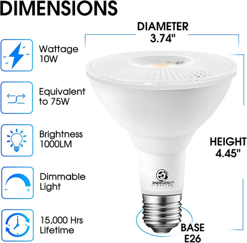 Energetic PAR30 LED Bulbs, Flood Light Outdoor Indoor 10 Watt (75 Watt Equivalent), 5000K Daylight, 1000 Lumens, E26 Base, Dimmable, Waterproof LE...