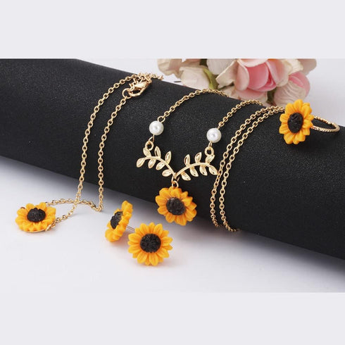 Sunflower Necklace Earring Bracelet Ring Set Boho Resin Petal Pendant for Women Jewelry Accessories...