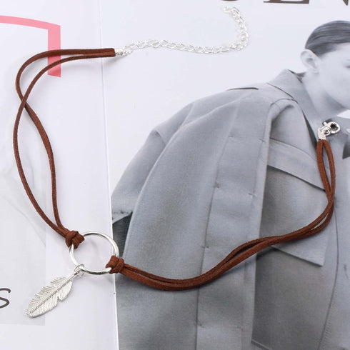 Boho Layered Suede Choker Necklace Tiny Leaf Pendant Necklace Chain Brown O Ring Leather Choker Necklace Vintage 90s Necklace Jewelry for Women an...