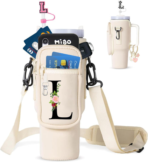 Water Bottle Holder with Strap Pouch and Handle fits for Stanley 40 oz Tumbler, Water Bottle Carrier Bag with 4.9FT Strap, Bottle Pouch for for Hi...