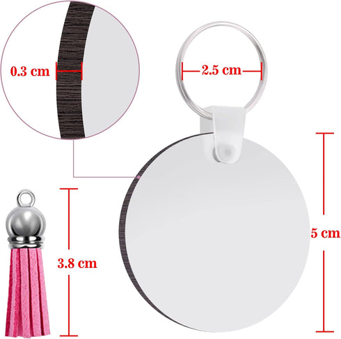Duufin 200 Pieces Sublimation Keychain Blanks Tassels Set Heat Transfer Blank Keychain Tassels with Key Rings MDF Blank Board Round Keychain Blank...