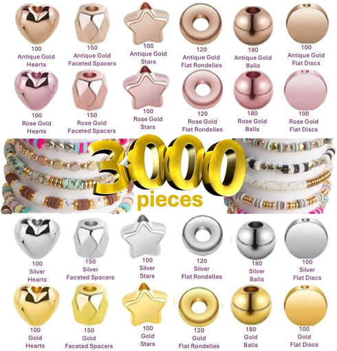 Spacer Beads Kit for Bracelet Making, 3000 Assorted Round Hearts and Stars Gold Tones and Silver Beads for Bracelet Jewelry Making Set for Teen Gi...