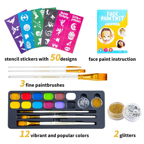 Transon 12colors Face Painting Kit for Kids Adults Non-toxic Water-based Paint with Brushes Stencils and Glitters...