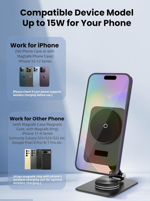 Compatible with MagSafe Charger, 15W Charging MagSafe Charger Stand, 360°Rotation Base Adjustable Foldable Wireless Charger for iPhone 15 Pro Max/...