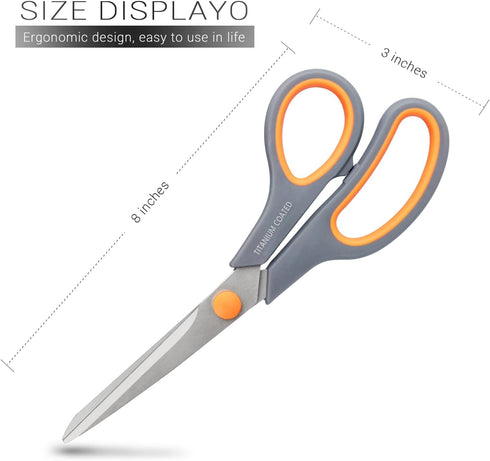 Scissors 8" Multipurpose Scissors Titanium Coated Sturdy Sharp Scissors Right/Left Handed Comfort-Grip Handles for Office Home School Sewing Fabri...