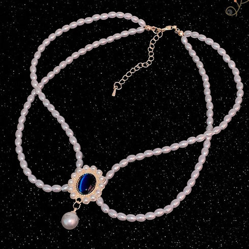 fxmimior Boho 2 Tier Pearl Blue Rhinestones Gold Shiny Choker Necklaces Dainty Rhinestones Pearls Chunky Short 1920s Choker Necklace Chain Multila...