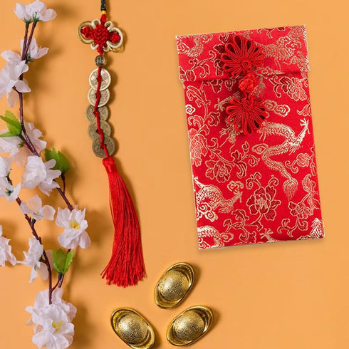 Hying 6 PCS Silk Red Envelope Chinese HongBao Card Envelopes Lucky Money Red Pockets Chinese Red Gift Card Envelopes Gift Wrap Bags with Knot/Copp...