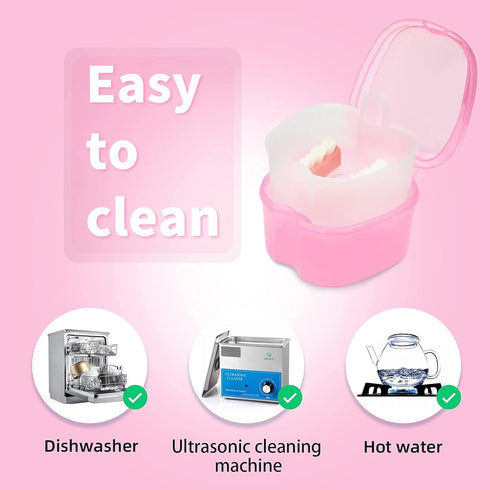 Dental Orthodontic Retainer Container Cleaning Case,Denture Bath Box Case Cup Holder, Mouthguard Storage Soaking Case - Pink...