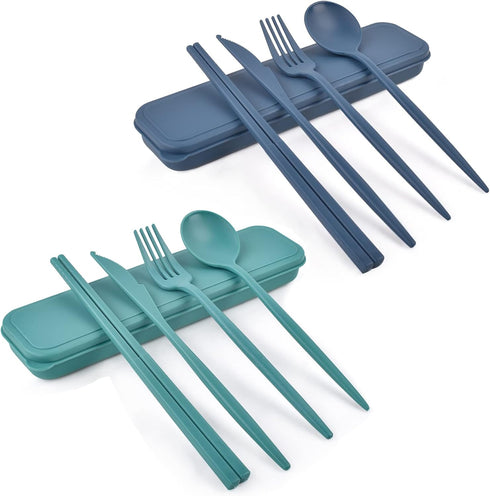 Reusable Utensil Set with Case, 2 Sets Plastic Portable Travel Utensils, Knives Chopsticks Spoons and Forks Set Camping Cutlery (blue, green)...