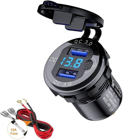 3.0 USB Quick Charger Socket, 12V/24V Dual USB Charger Socket with Switch On/Off and Waterproof LED Digital Voltemeter for Marine, Boat, Motorcycl...