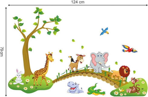decalmile Jungle Animals Tree Wall Stickers Lion Giraffe Elephant Walking on Bridge Wall Decals Kids Room Baby Room Nursery Bedroom Wall Decor(Fin...