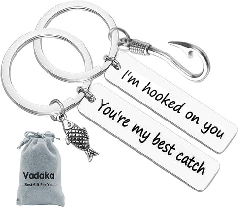 Vadaka Couple Keychain I'm Hooked on You You're My Best Catch Keychain Set Fisherman Gift Fishing Lure Jewelry Couple Gift for Lovers Boyfriend Gi...