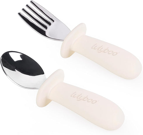 Lulyboo Silverware Utensils, Easy- Grip Handles, Self Feeding Baby & Toddler Stainless Steel Spoon & Fork Set, Ivory...