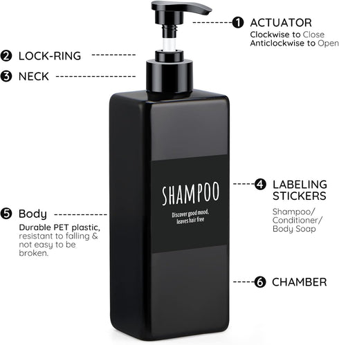 Segbeauty Shampoo and Conditioner Dispenser Refillable, 3pcs 16.9oz Shower Bottles Soap Dispenser with Labels, 500ml Empty Plastic Square Pump Bot...