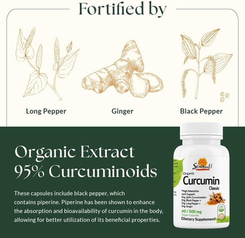Sewanti Organic Curcumin Extract 95% with Black Pepper, Indian Long Pepper and Ginger 60 Vegan Capsules...