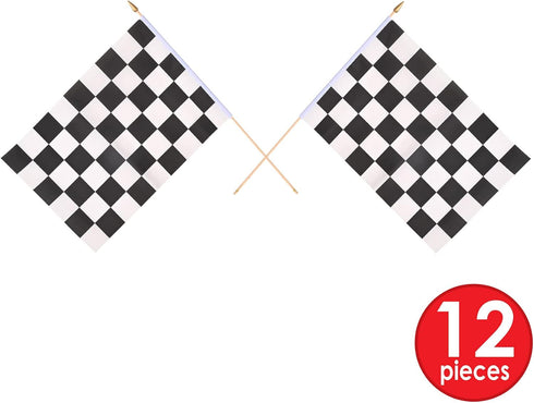 Beistle 12-Pack Black & White Checkered Rayon Flags, Finish Line Flags For Racing, Birthday Accessory for Monster Truck, Racecar Party, 11" x 18"...