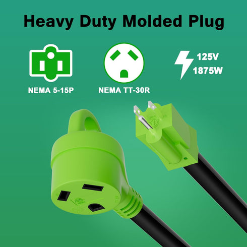 RV Adapter Plug 30 Amp to 15 Amp 110 Volt Cord with Grip Handle, 15A Male to 30A Female Dogbone RV Trailer Camper, NEMA 5-15P to TT-30R, SJTW, 12A...