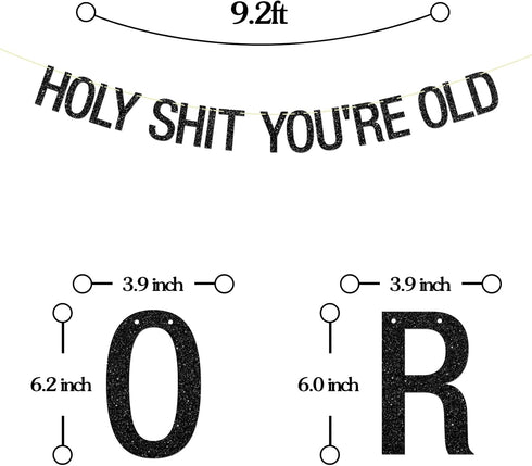 Black Glitter Holy Shit You're Old Banner - Funny 30th 40th 50th 60th 70th 80th 90th Birthday Party Decorations...