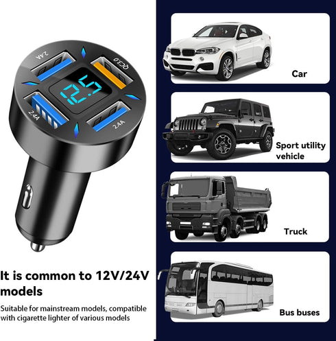 4 Ports USB Car Charger, 66W Super Fast Charging USB QC 3.0, USB Adapter Charger with LED Voltmeter for Car Cigarette Lighter Plug, Compatible wit...