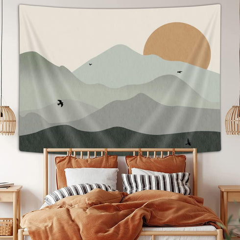 Ptrxobj Small Sage Green Mountain Tapestry Boho Abstract Sun Landscape Wall Hanging Art Mid Century Sunset Tapestries Minimalist Aesthetic Decor f...
