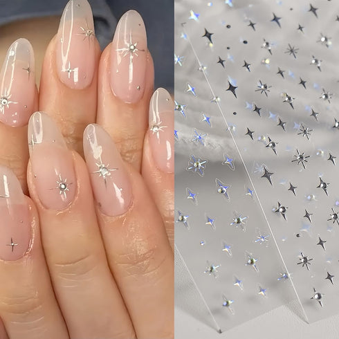 Shiny Crystal Star Nail Stickers for Nail Art, 6 Sheets Shiny White Silver Stars Nail Decals 3D Self-Adhesive Star Nail Designs Sticker Nail Tips ...
