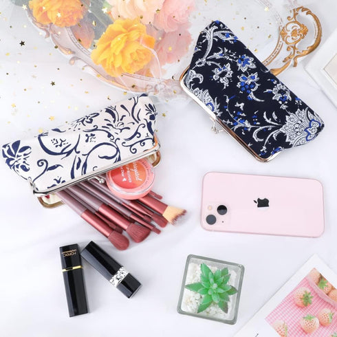 Oyachic 2 Packs Large Floral Coin Purses Canvas Cash Wallet Make Up Cellphone Bag Vintage Change Pouch Key Holder Kiss lock Clasp Clutch...