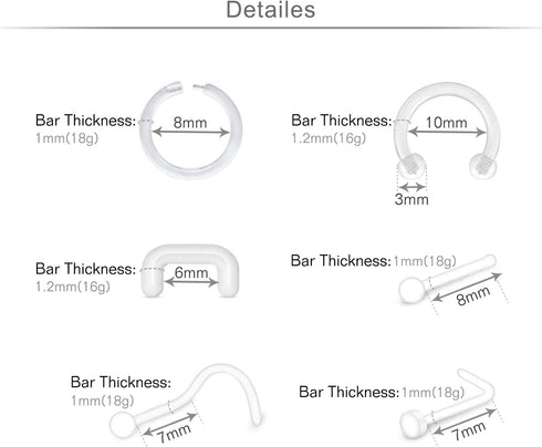 MODRSA Mix Set Clear Piercing Retainers Septum Retainer Nose Studs Flexible Lip Ear Nose Tongue Rings Nipplering Cartilage Rook Daith Earrings Hor...