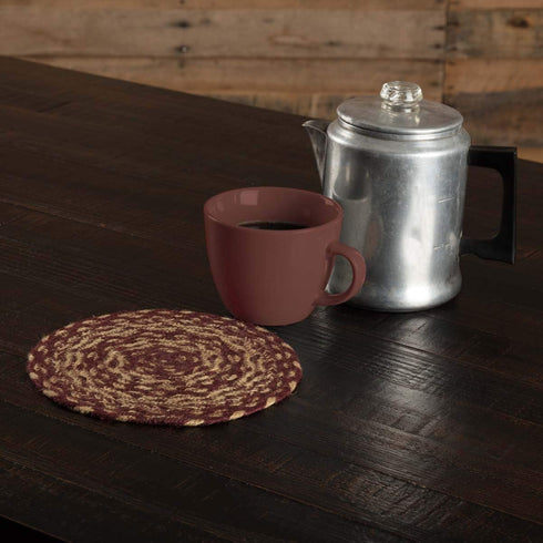 VHC Brands Classic Country Primitive Tabletop & Kitchen Jute Red Trivet, Burgundy Natural Tan 8"...
