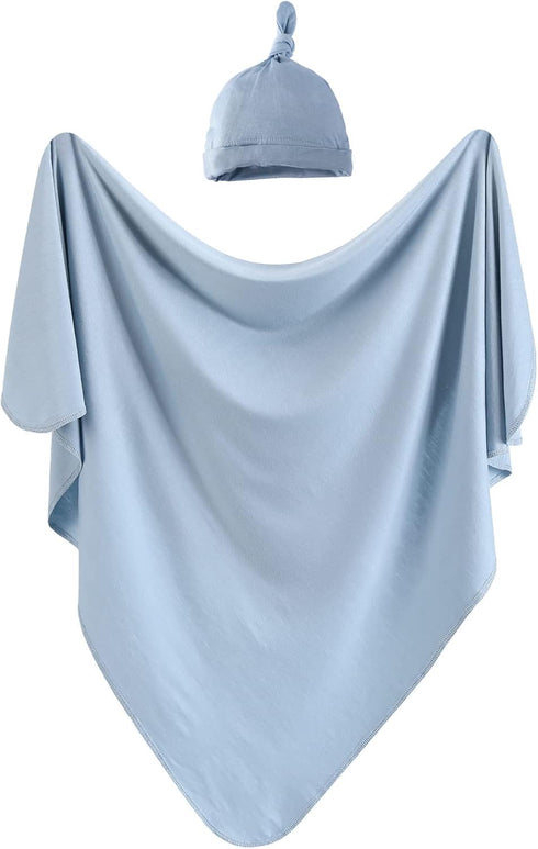 iEvolve Cotton Knitted Baby Swaddle Blanket with Hat Headband Set Newborn Swaddle Wrap Receiving Blankets for Baby Girl Boy 35" x 35"(Lightblue)...