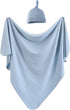 iEvolve Cotton Knitted Baby Swaddle Blanket with Hat Headband Set Newborn Swaddle Wrap Receiving Blankets for Baby Girl Boy 35" x 35"(Lightblue)...