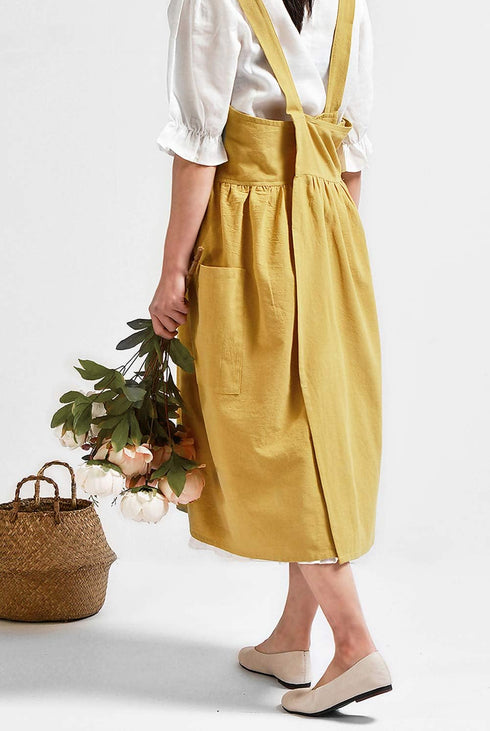 NEWGEM Cotton Linen Cross Back Apron for Women with Pockets for Cooking Cleaning Yellow without Waist Ties...
