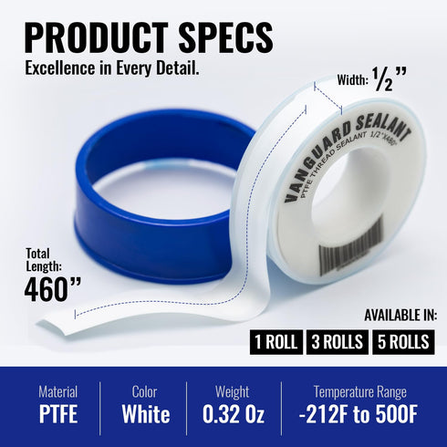 PTFE Plumbers Water Sealant Thread Tape 460" Length 1/2" Width White 5 Pack Perfect for Shower Heads and Pipe Threads...