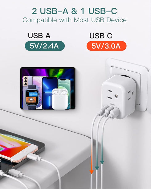 2 Pack European International Power Plug Adapter with 3 Outlets 3 USB Charging Ports(1 USB C), Travel Essentials to Italy,Greece,Israel,France, Sp...