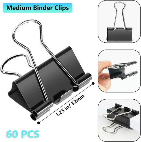 60PCS Medium Binder Clips, 1-1/4 Inch, 32mm, Binder Clips Medium, Metal Paper Clamps Clips for Teachers Students School Office Business Supplies (...