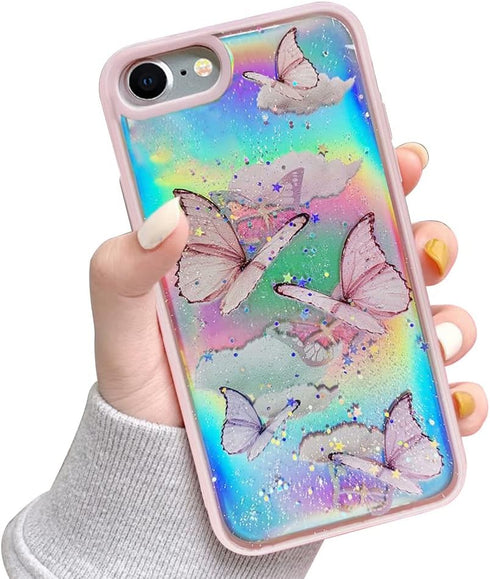 LCHULLE Girly Case for iPhone SE 2022/3rd/SE 2020/2nd, for iPhone 7/8 Case Cute Iridescent Butterfly Design Laser Bling Glitter for Girls Women So...