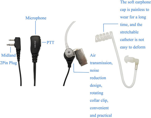 Walkie Talkies Earpiece with Mic 2 Pin Acoustic Tube Headset Compatible with Midland LXT600VP3 GXT1000VP4 LXT500VP3 GXT1050VP4 GXT1000XB GXT1030VP...