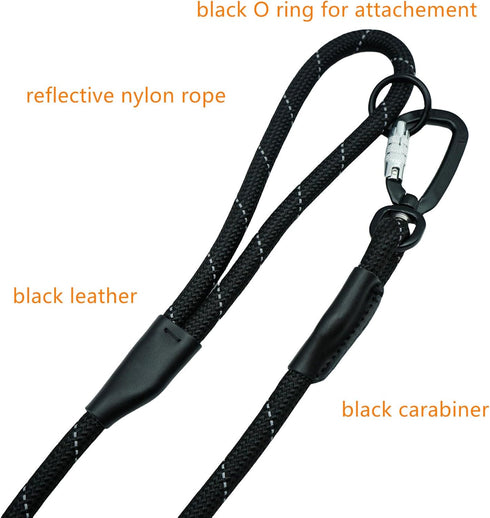Carabiner Dog Leash 6ft, Durable Nylon Rope with Aviation Aluminum Carabiner Reflective at Night for Small Medium Large Dogs (Black, 6FT*11MM)...