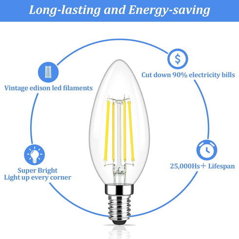 Brightever E12 Candelabra LED Light Bulbs 60 Watt Equivalent, 620 Lumen 6W Clear LED Filament Candle Bulbs, Daylight White 5000K Non-Dimmable Chan...