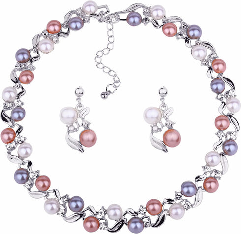 Glass Pearl Necklace and Earring Set,Collar De Perlas para Mujer,Faux Pearl Jewelry Set for Women (Silver)...