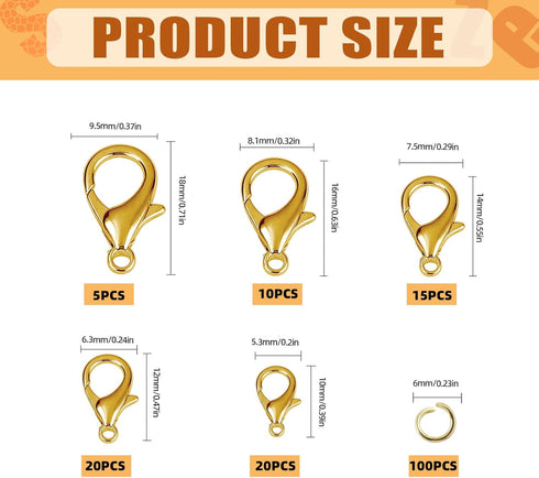 170Pcs Gold Lobster Claw Clasps with Open Jump Rings Kit, 10mm, 12mm, 14mm, 16mm, 18mm Alloy Small Jewelry Clasps Lobster Clasps and 6mm Jump Ring...