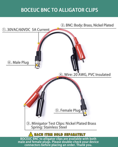 BNC Test Leads, BNC (F) to Alligator Clip, Test Lead Breakout Cable for Multimeter, 5A Current Rating, 1 Pack...