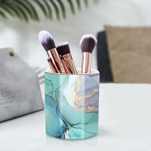WAVEYU Pencil Cup for Desk Cute, Pen Pencil Stand Holder, Office Desk Organizer for Men Women Ceramic Marble Makeup Brush Holder for Home, Green M...