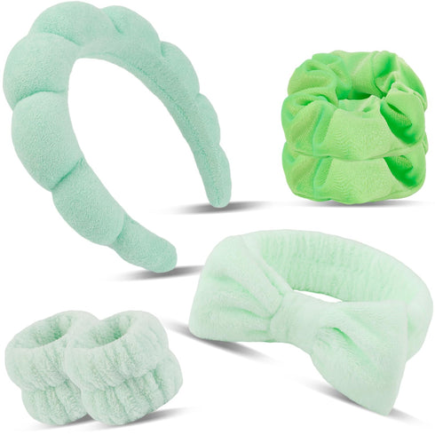 6pcs Green Spa Headband Sponge Face Wash Headband and Wristband Set Makeup Head Band Puffy Skincare Headband Terry Cloth Wrist Towels Hair Band fo...