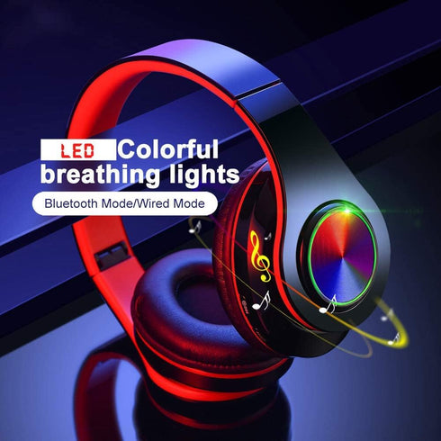 Bluetooth Headphones Over Ear Headphones with Deep Bass LED Foldable Stereo Headphones, Wired and Wireless Headset for Smart Phone/TV/PC(Red/Black...