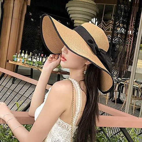 Women Girls Large Brimmed Garden Beach Sun Hat Big Summer Sun Hat Swimming Garden Beach Straw Hat Cap with Black Ribbons UPF 50+ for Traveling (Kh...