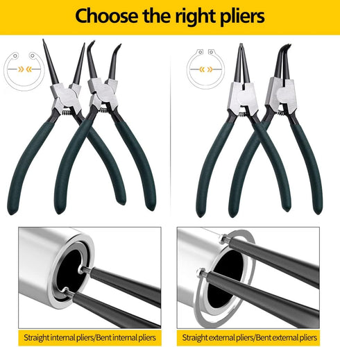 Snap Ring Pliers Set, 2pcs 7" Internal/External Circlip Pliers Kit with Bent Jaw, Heavy Duty Precision Spring Loaded Pliers for Ring Remover Retai...