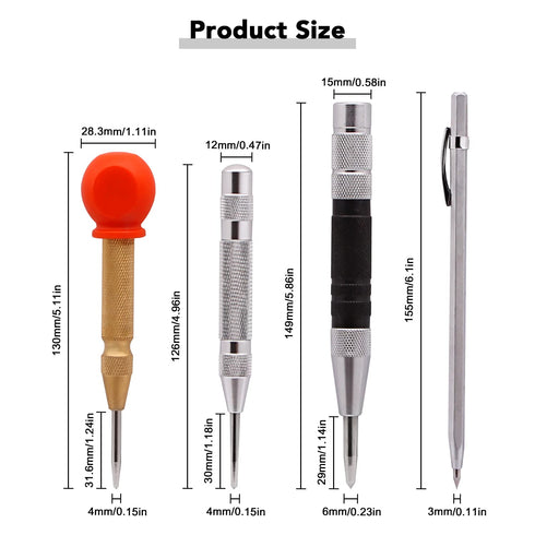 4 Pack 5 Inch and 6 Inch Automatic Center Punch Tool Adjustable Spring Loaded Punch and Metal Engraving Pen for Metal Wood Working with Hard-Shell...